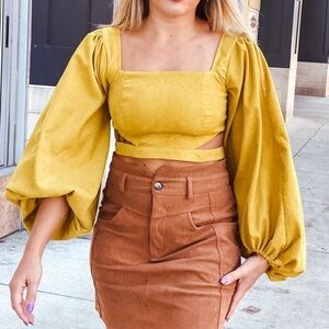 Style & Co Women's Yellow Balloon Sleeve Crop Top Size L